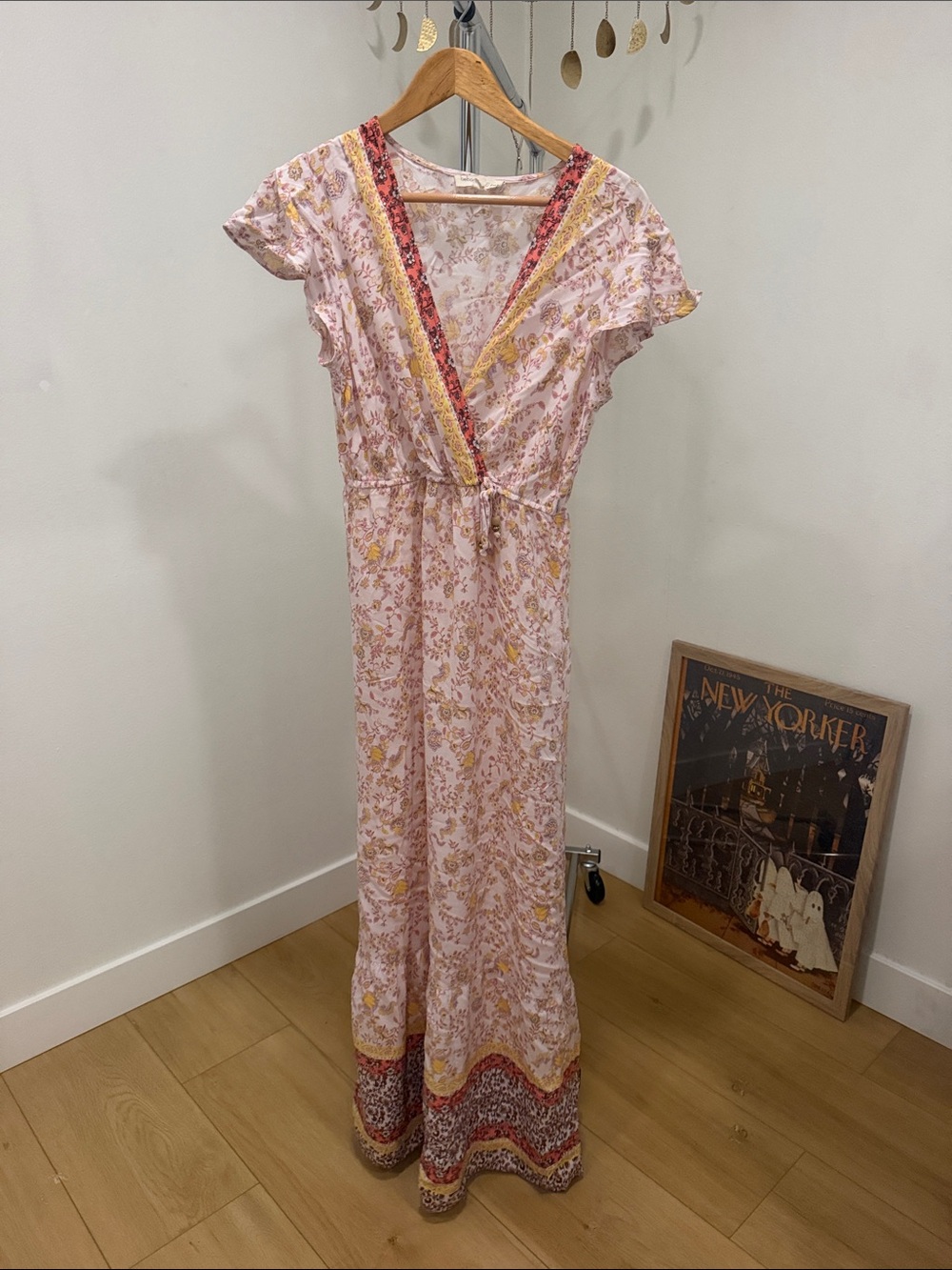 BeBop Pink Floral Wrap Maxi Dress with Yellow & Red Trim